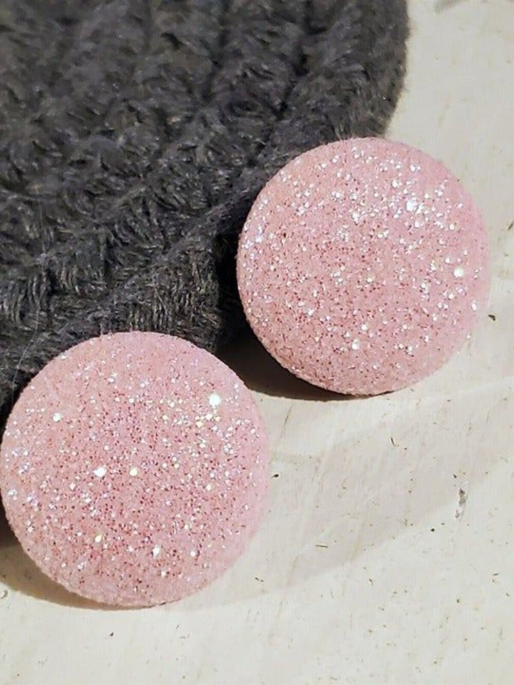 Light Pink Fabric Button Earrings Retro 80s Club Glam Disco Sparkly - Picture 6 of 9